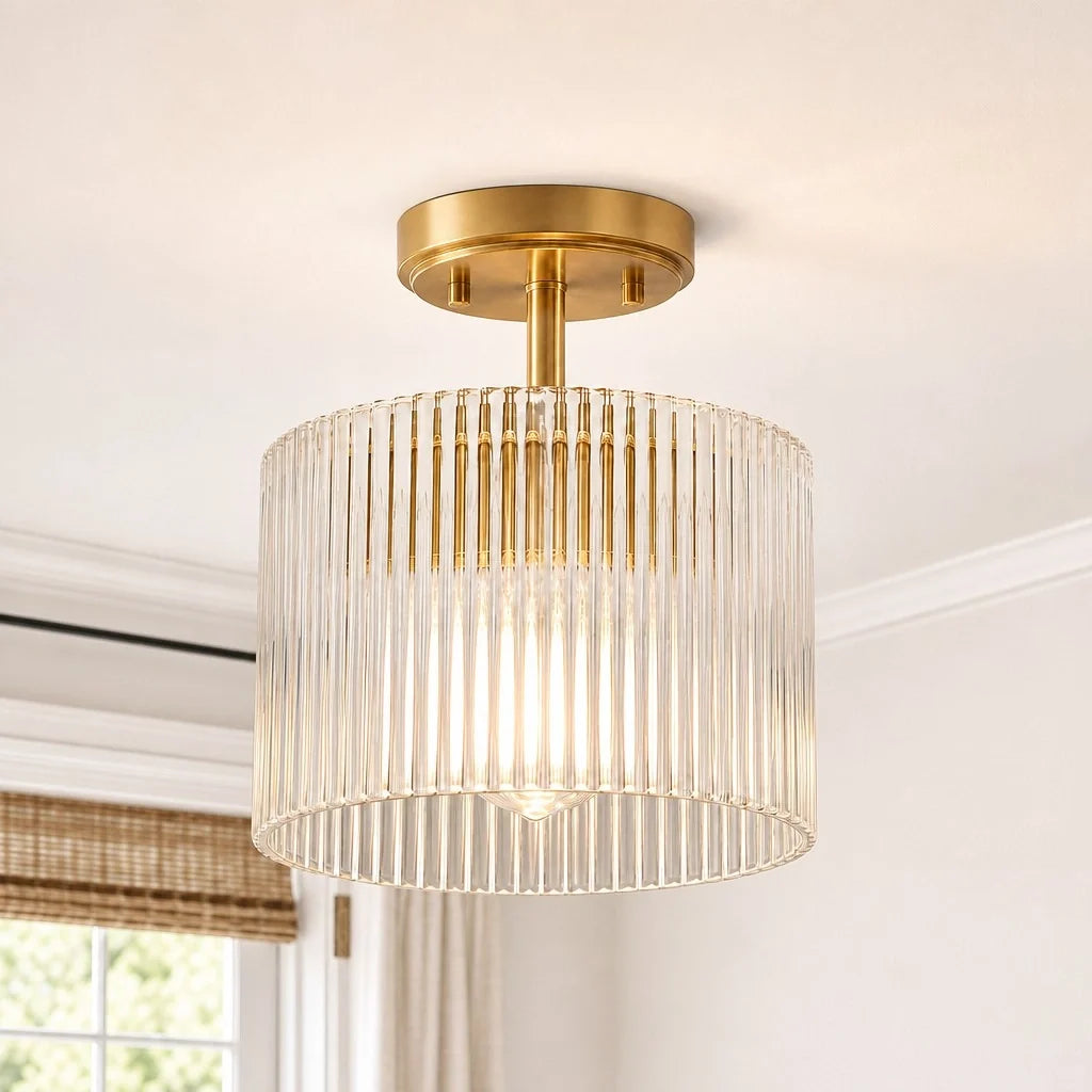 farmhouse-ribbed-glass-drum-shade-brass-semi-flush-mount-ceiling-light