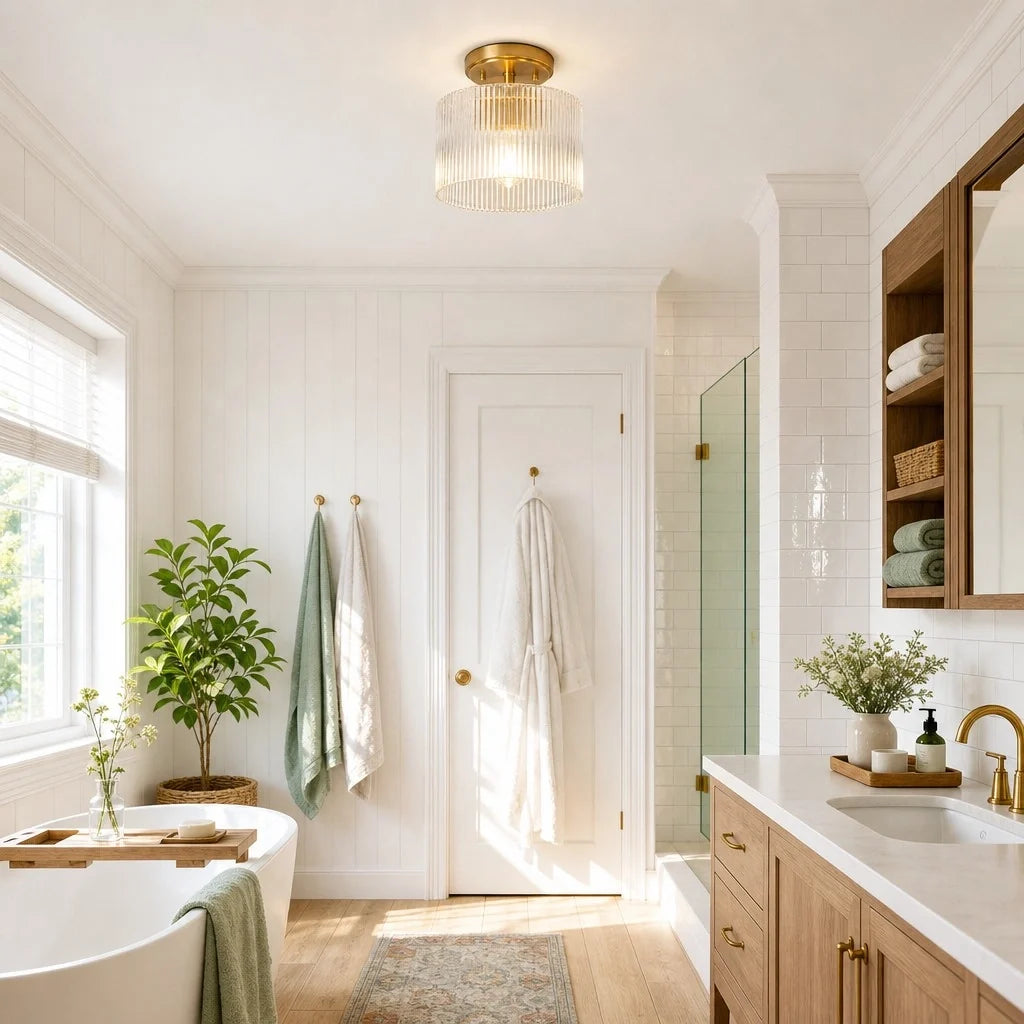 farmhouse-ribbed-glass-drum-shade-brass-semi-flush-mount-ceiling-light