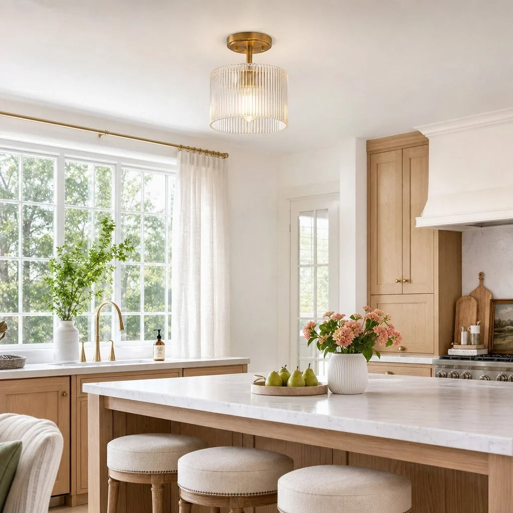 farmhouse-ribbed-glass-drum-shade-brass-semi-flush-mount-ceiling-light