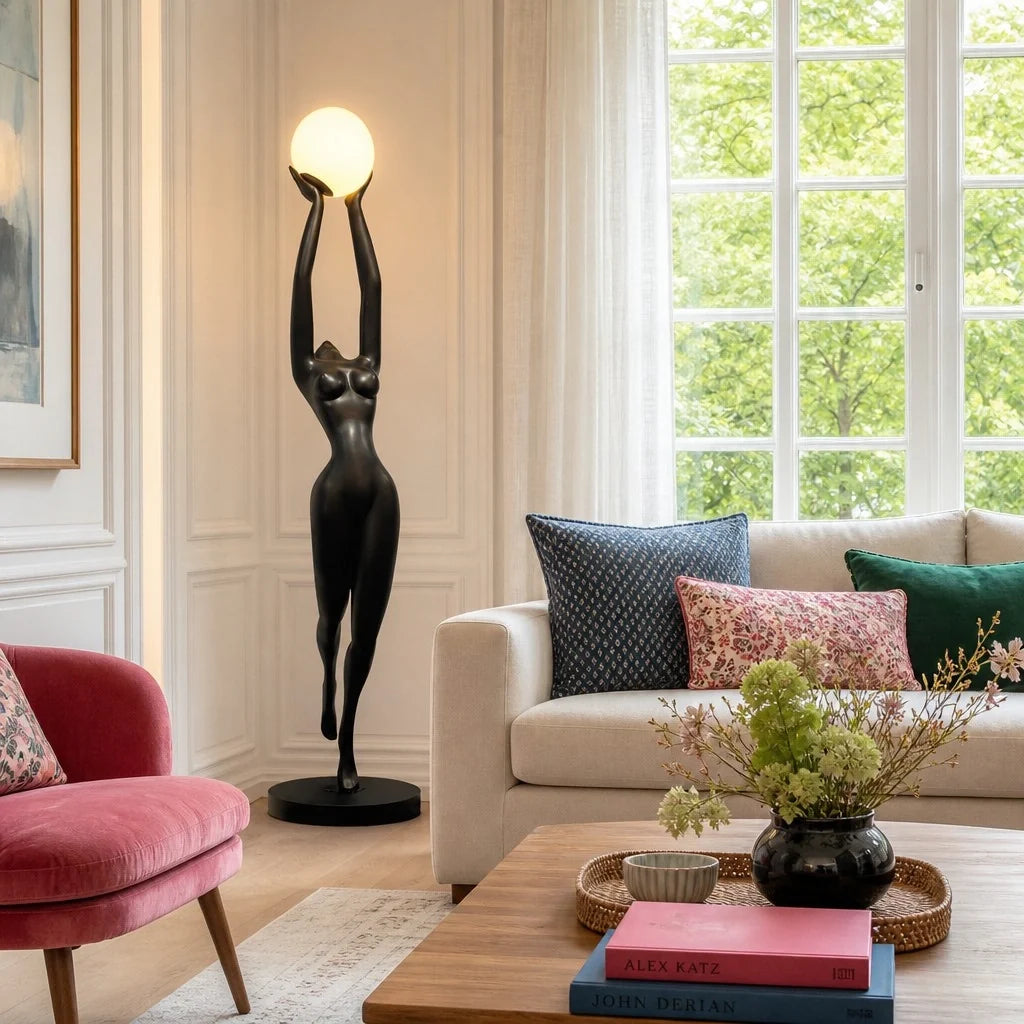 hermes-modern-minimalist-resin-lady-sculpture-sphere-glass-shade-floor-light