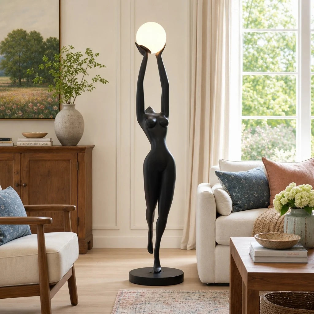 hermes-modern-minimalist-resin-lady-sculpture-sphere-glass-shade-floor-light