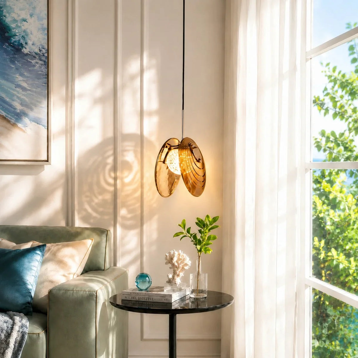 roen-modern-double-scallop-shell-amber-glass-pendant-light