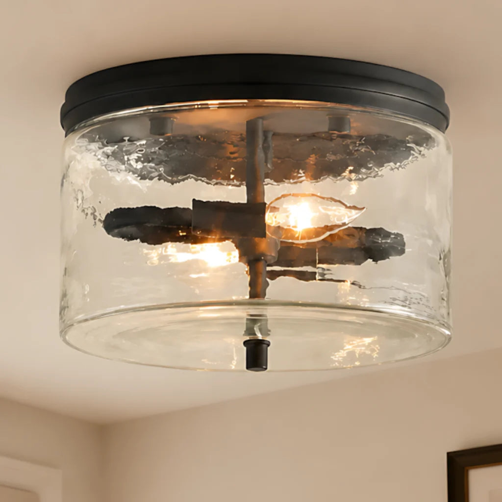modern-black-drum-shade-hammered-glass-flush-mount-ceiling-light