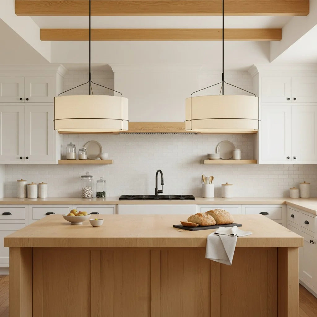 rustic-white-fabric-drum-shade-pendant-light