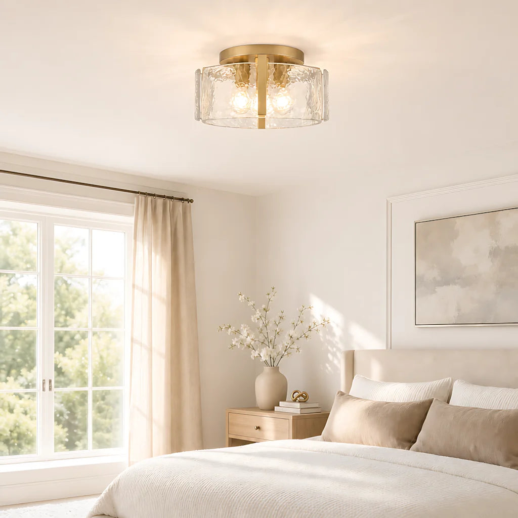 golden-modern-drum-water-ripple-glass-brass-flush-mount-light