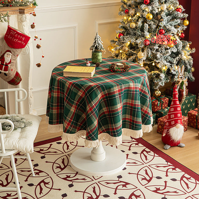 Christmas Plaid Round Tassel Tablecloth