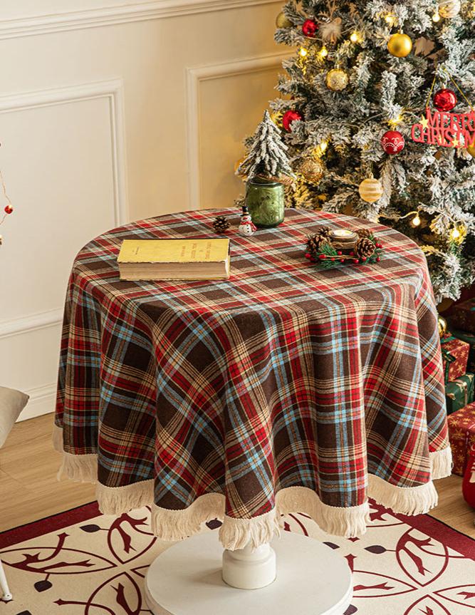 Christmas Plaid Round Tassel Tablecloth