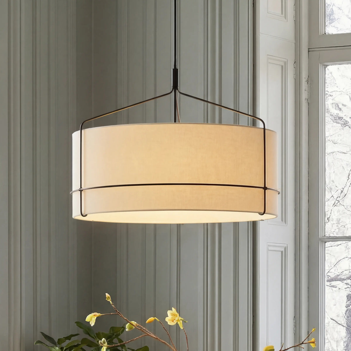 rustic-white-fabric-drum-shade-pendant-light