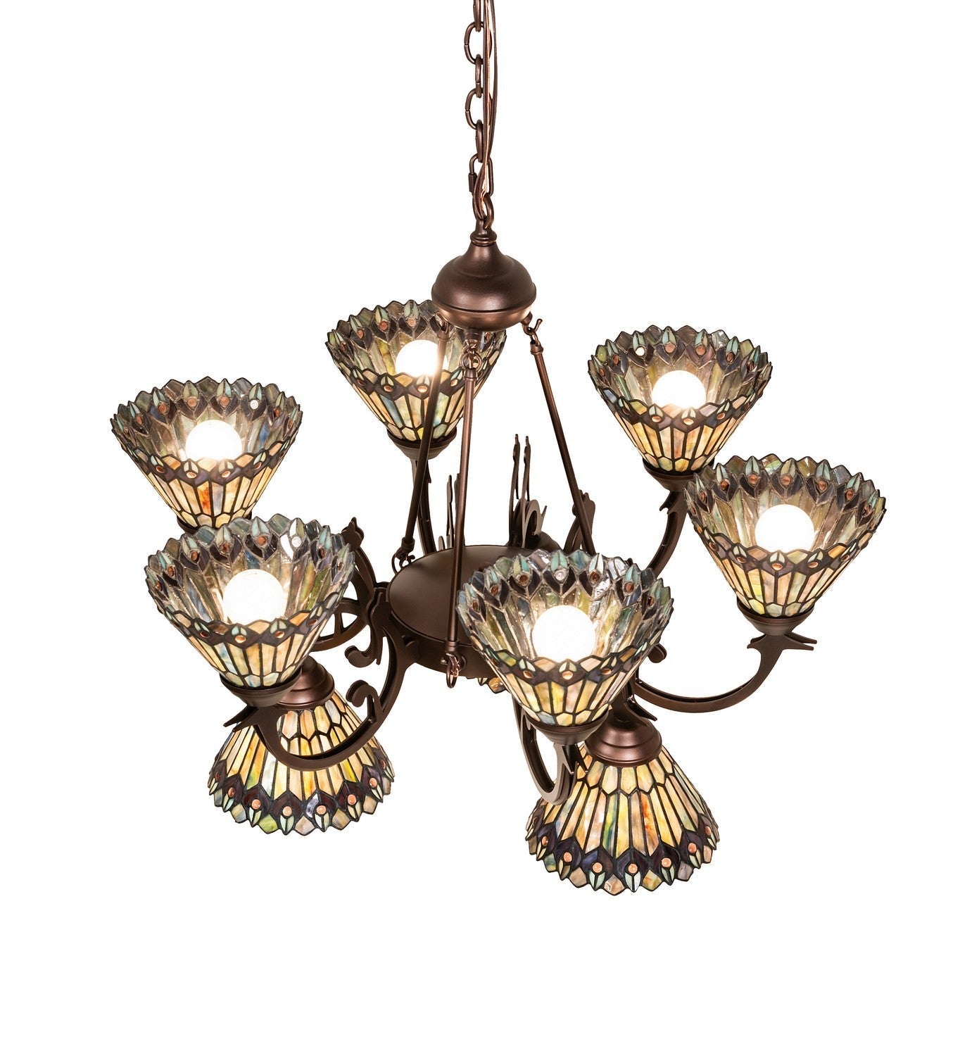Tiffany Jeweled Peacock Nine Light Chandelier