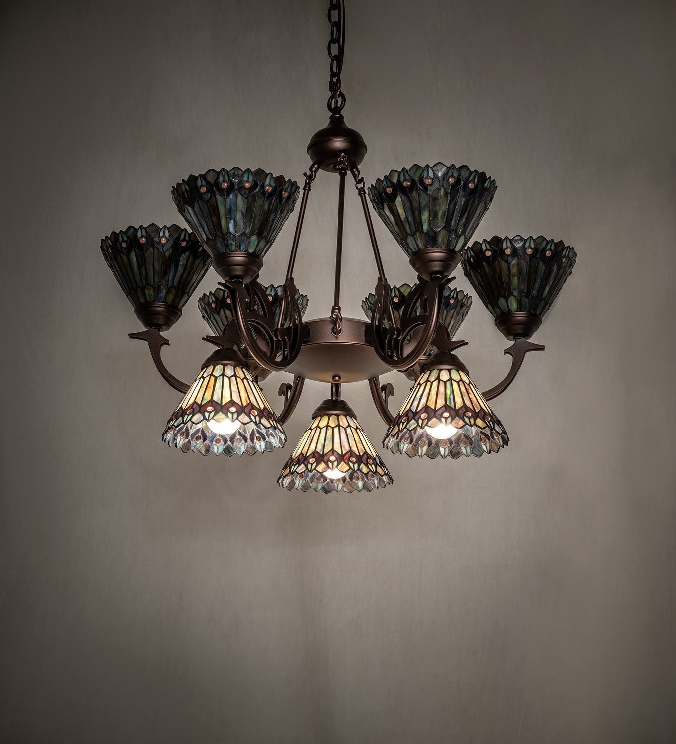 Tiffany Jeweled Peacock Nine Light Chandelier