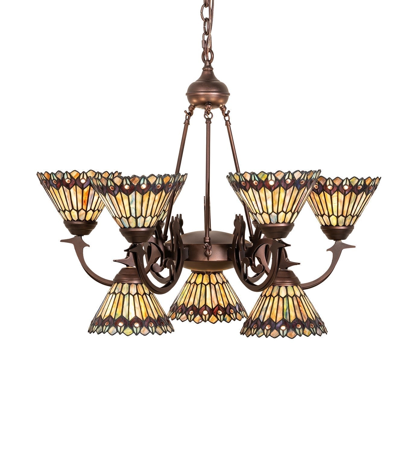 Tiffany Jeweled Peacock Nine Light Chandelier