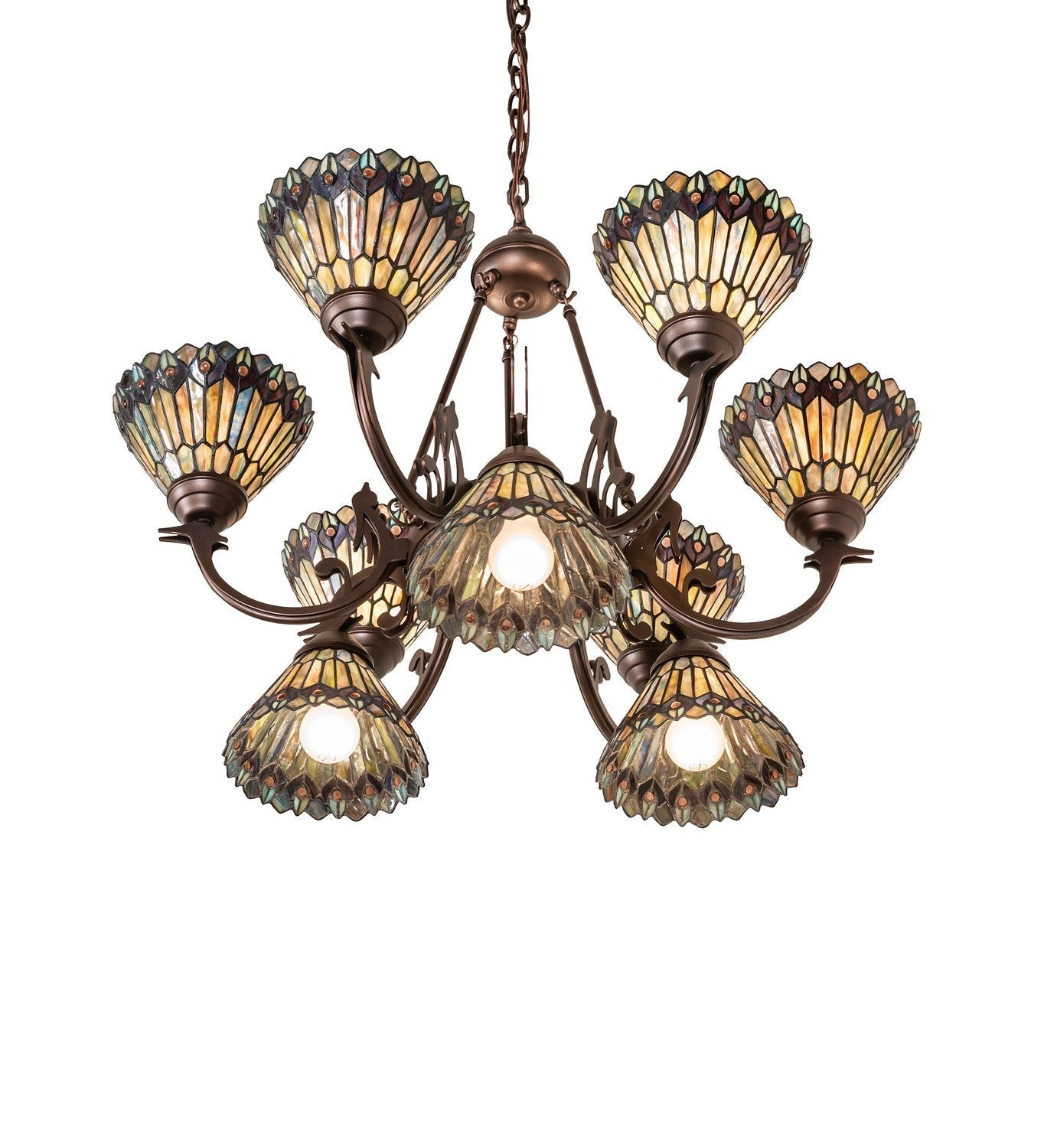 Tiffany Jeweled Peacock Nine Light Chandelier
