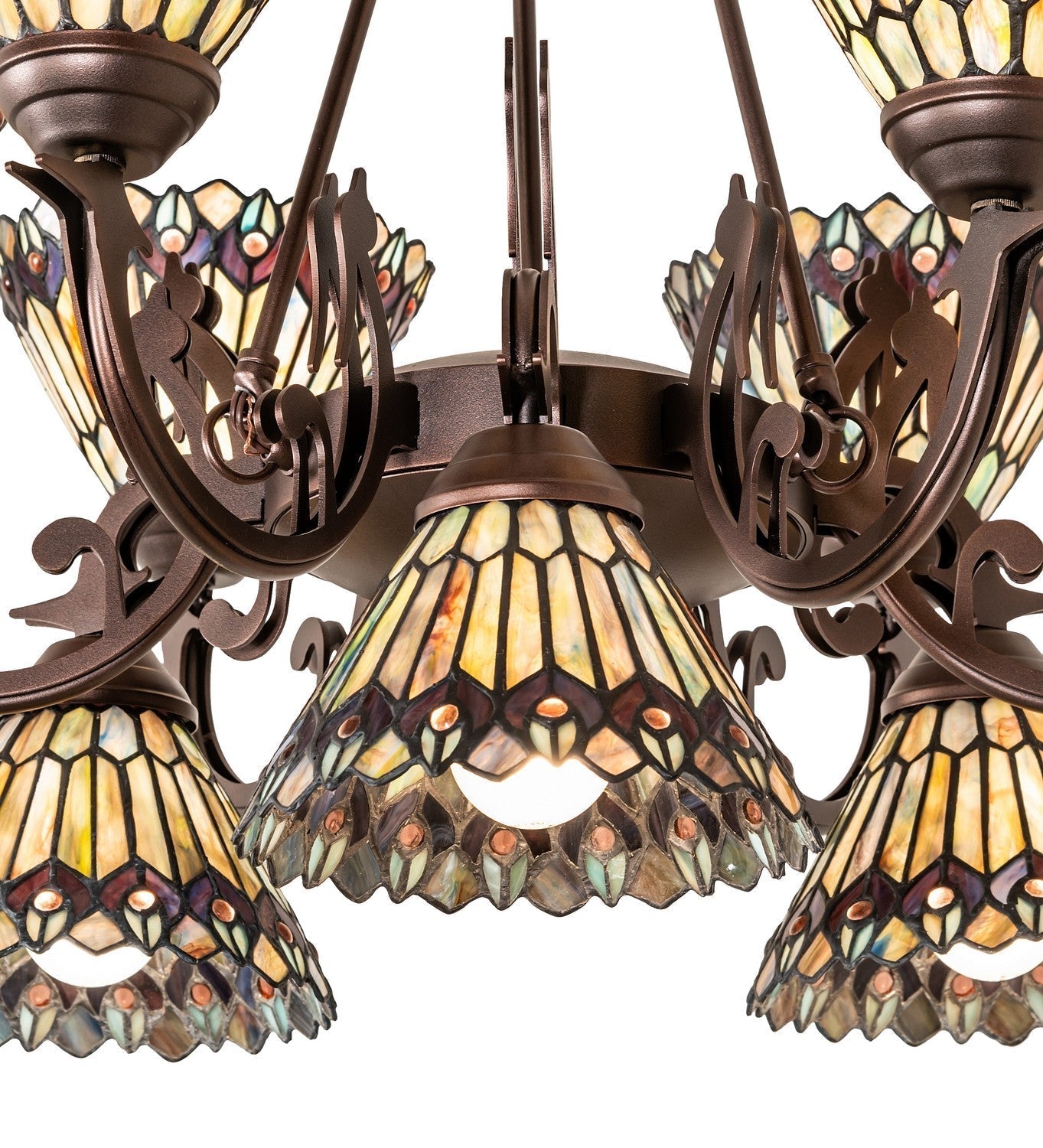 Tiffany Jeweled Peacock Nine Light Chandelier