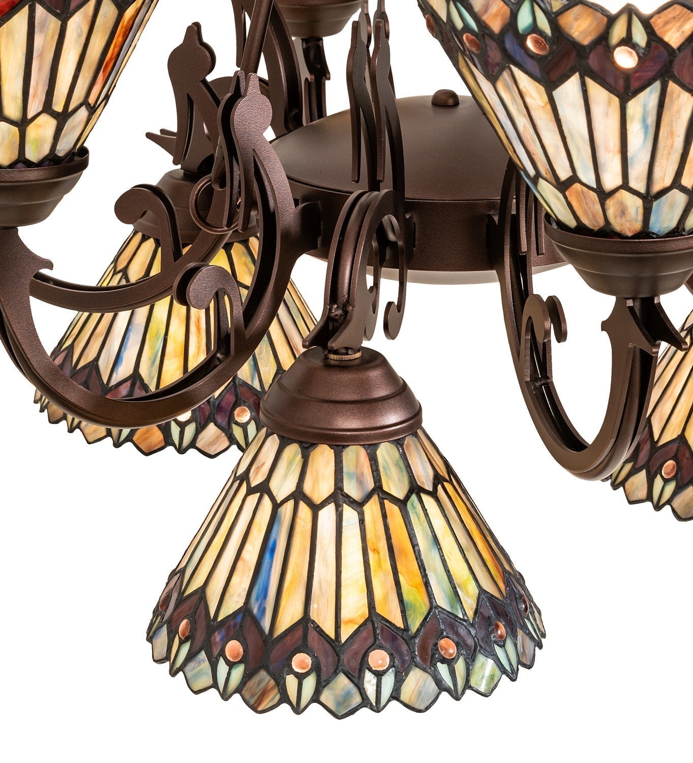 Tiffany Jeweled Peacock Nine Light Chandelier