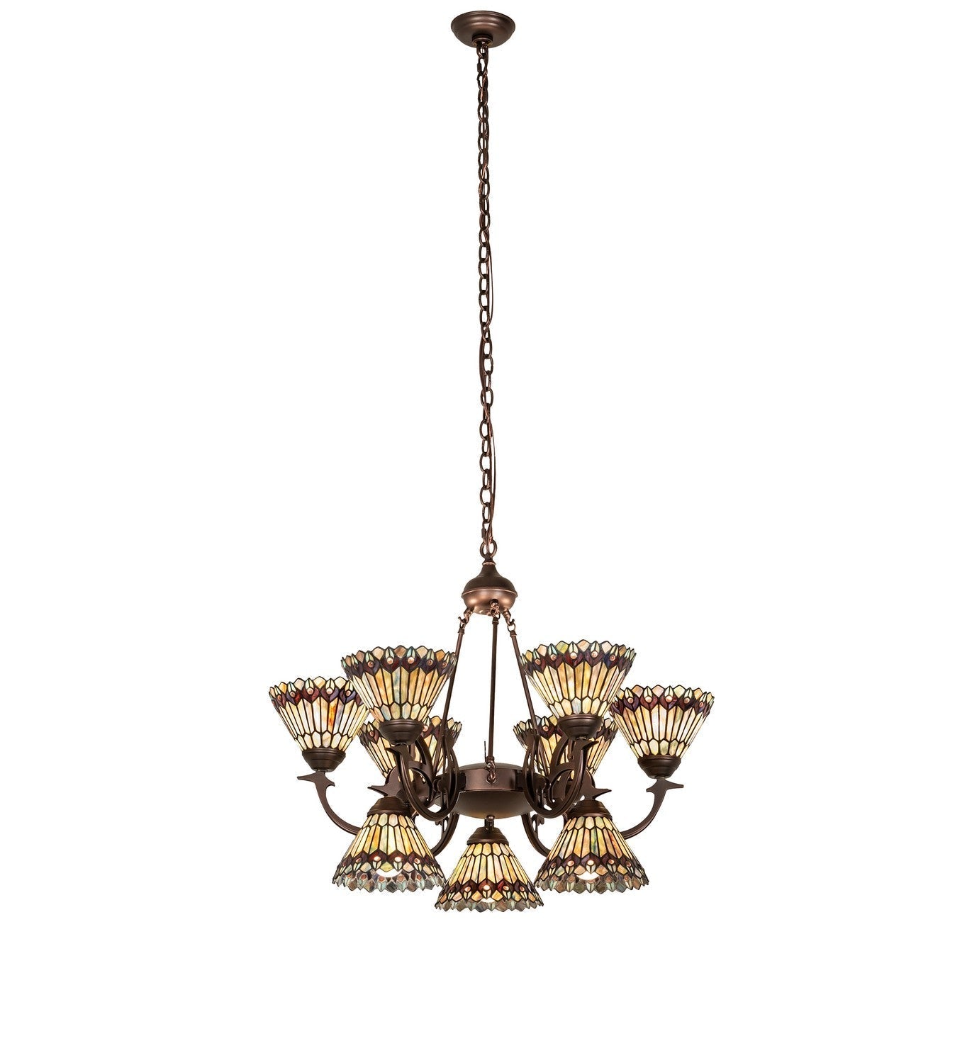Tiffany Jeweled Peacock Nine Light Chandelier