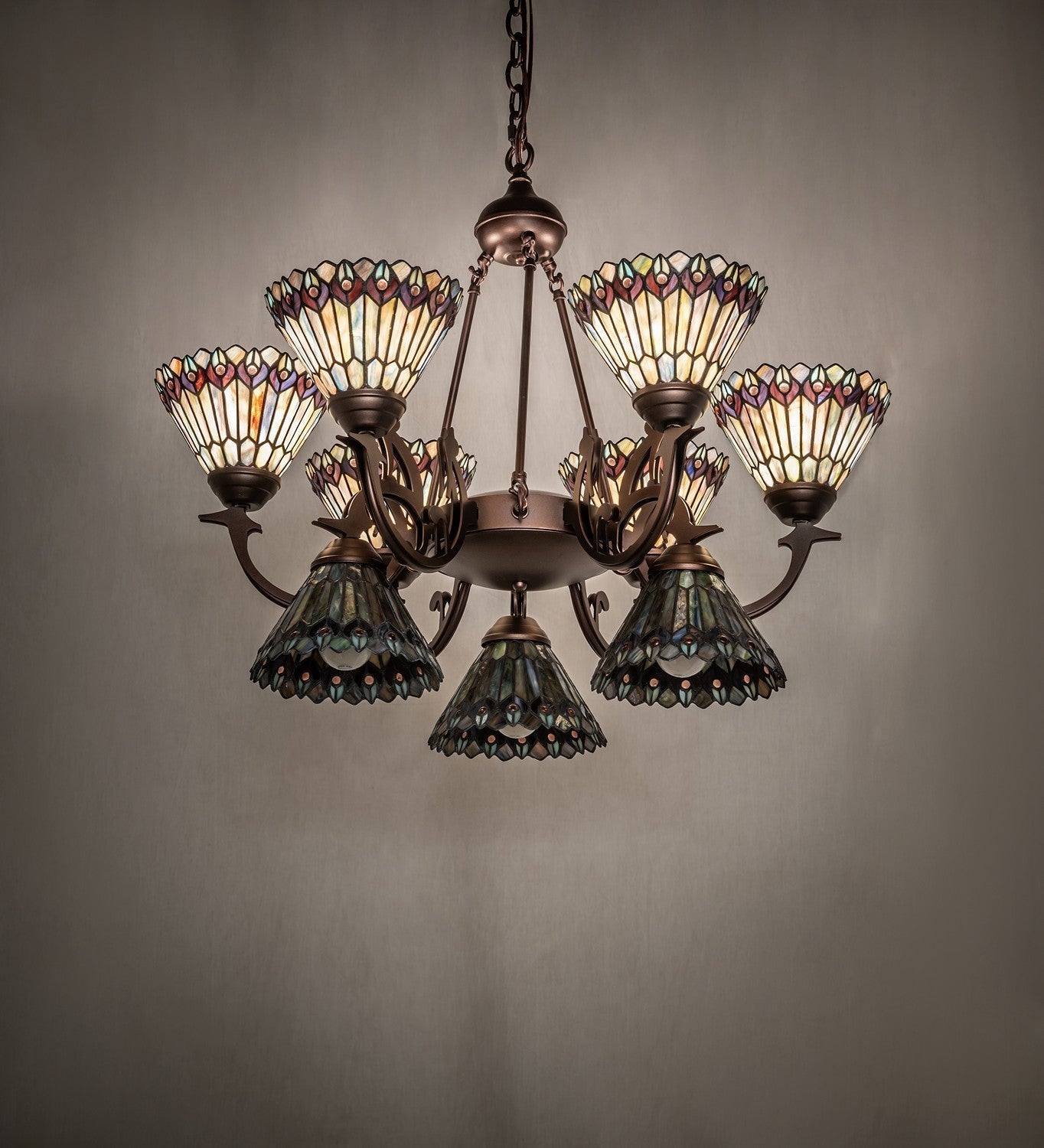 Tiffany Jeweled Peacock Nine Light Chandelier