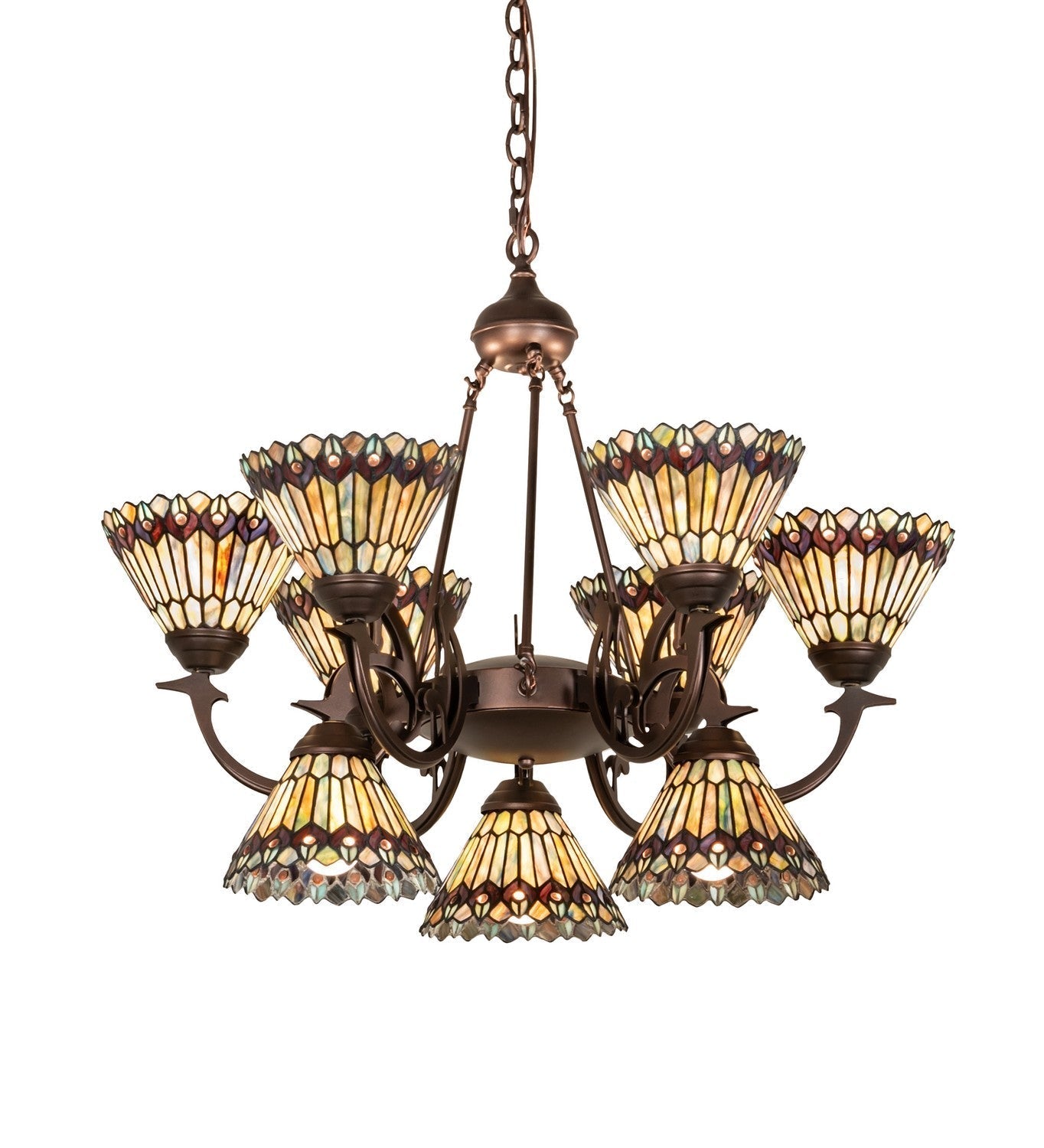 Tiffany Jeweled Peacock Nine Light Chandelier