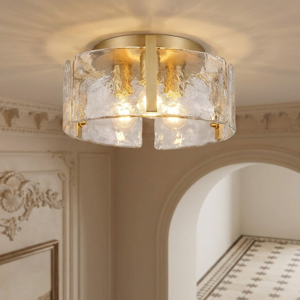 golden-modern-drum-water-ripple-glass-brass-flush-mount-light