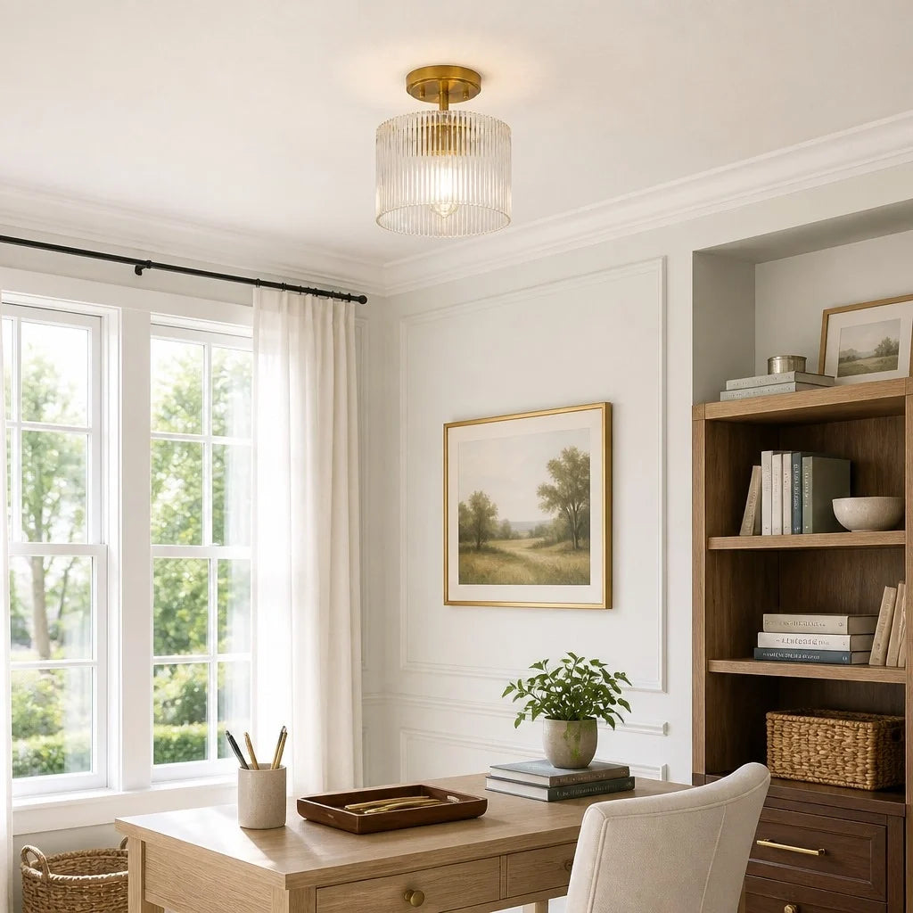 farmhouse-ribbed-glass-drum-shade-brass-semi-flush-mount-ceiling-light