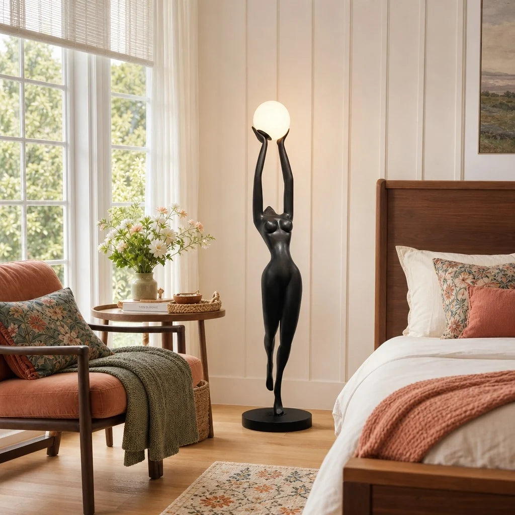 hermes-modern-minimalist-resin-lady-sculpture-sphere-glass-shade-floor-light