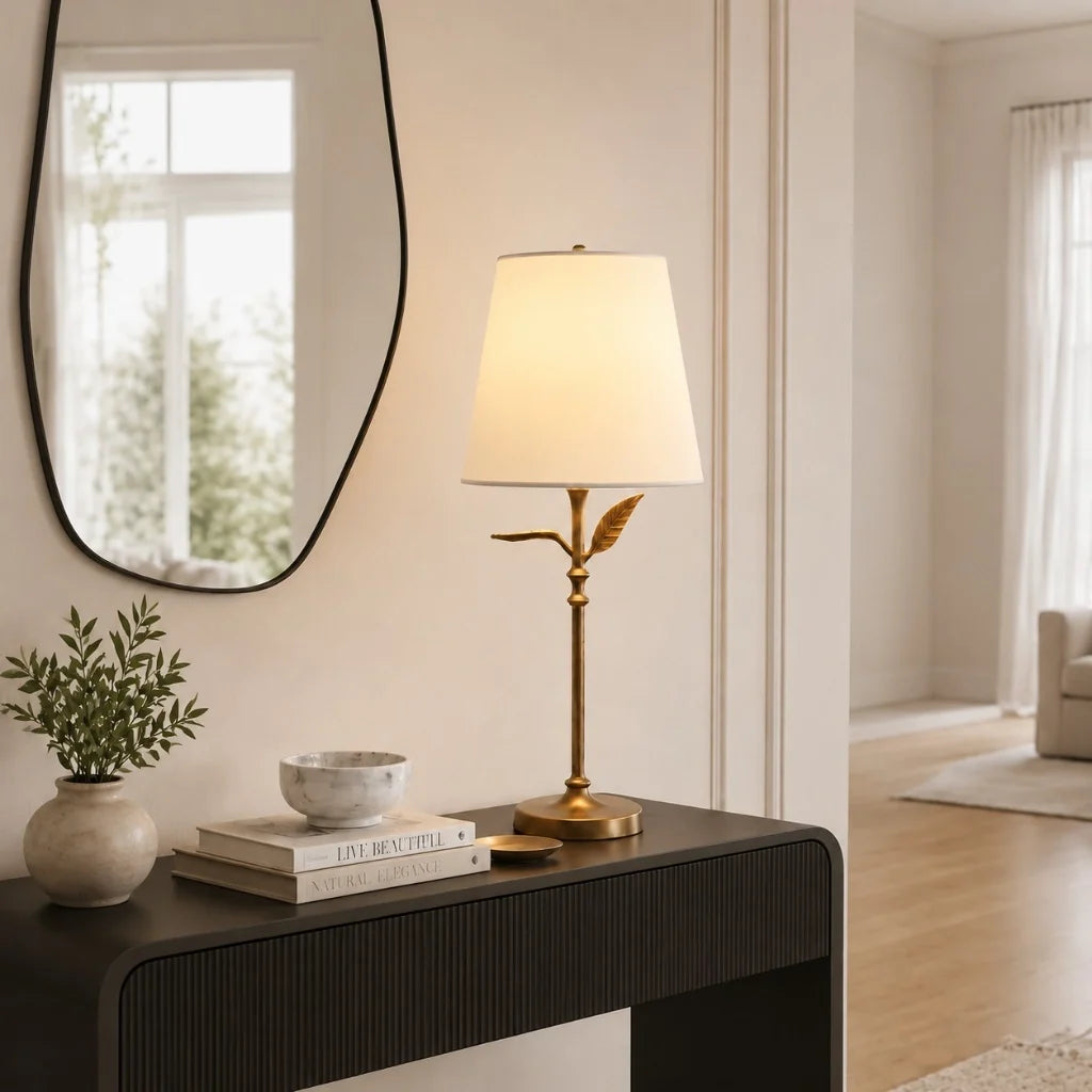 farmhouse-antique-brass-botanical-forged-iron-linen-table-lamp