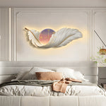 2 In 1 Wall Feather Painting Hanging Decor Led Wall Lamp Wall Clock