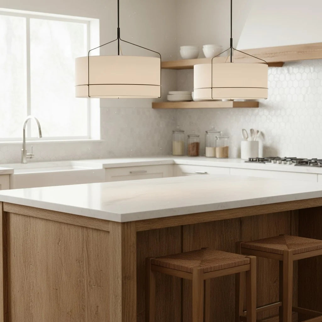 rustic-white-fabric-drum-shade-pendant-light