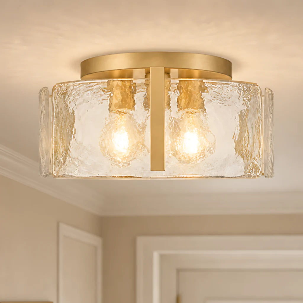 golden-modern-drum-water-ripple-glass-brass-flush-mount-light