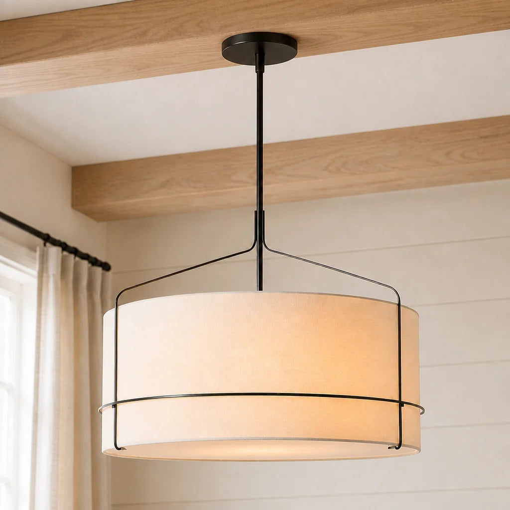 rustic-white-fabric-drum-shade-pendant-light