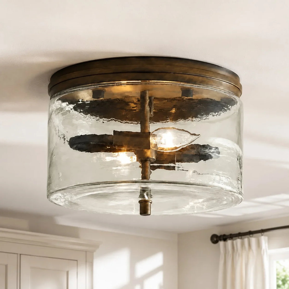 modern-black-drum-shade-hammered-glass-flush-mount-ceiling-light