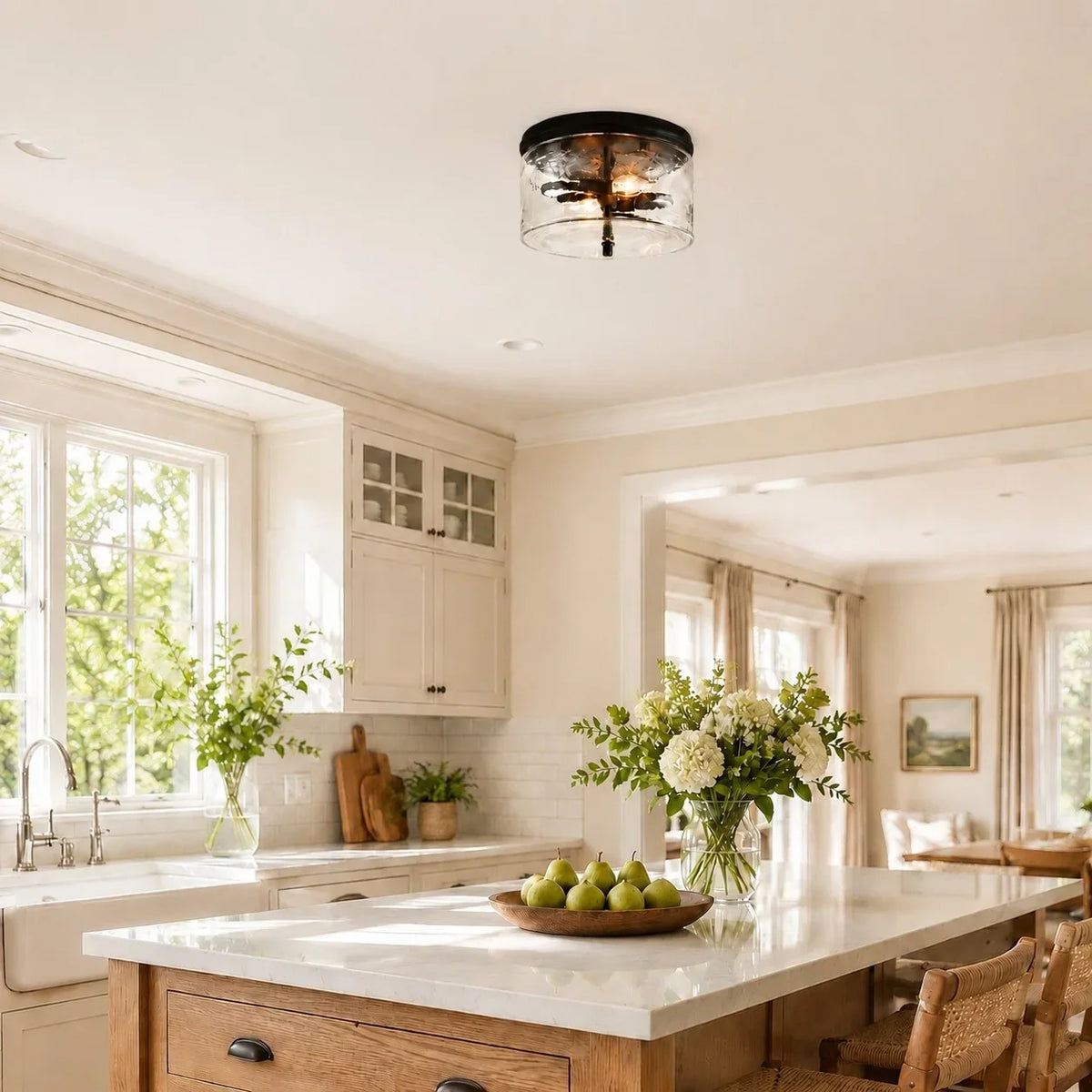 modern-black-drum-shade-hammered-glass-flush-mount-ceiling-light