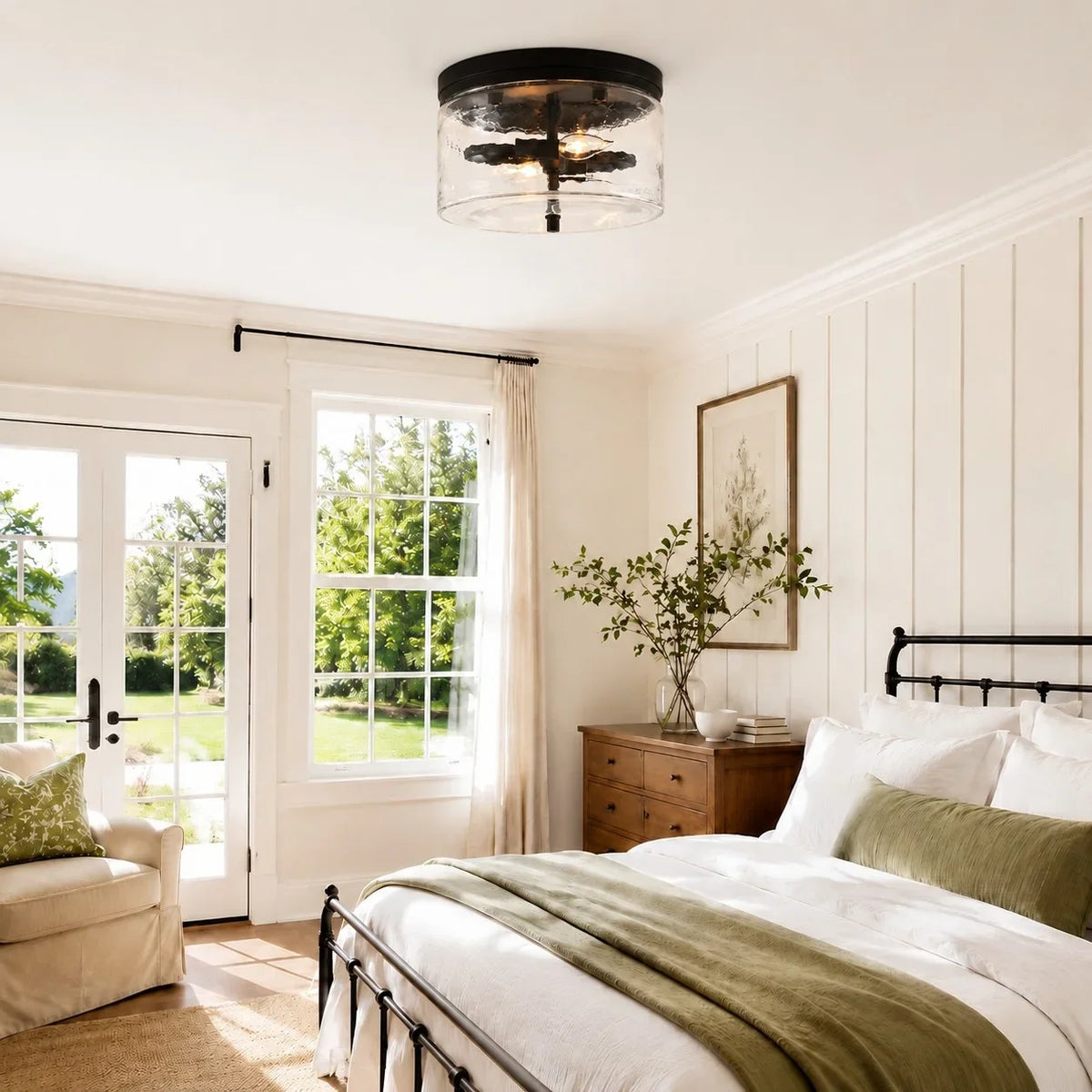 modern-black-drum-shade-hammered-glass-flush-mount-ceiling-light