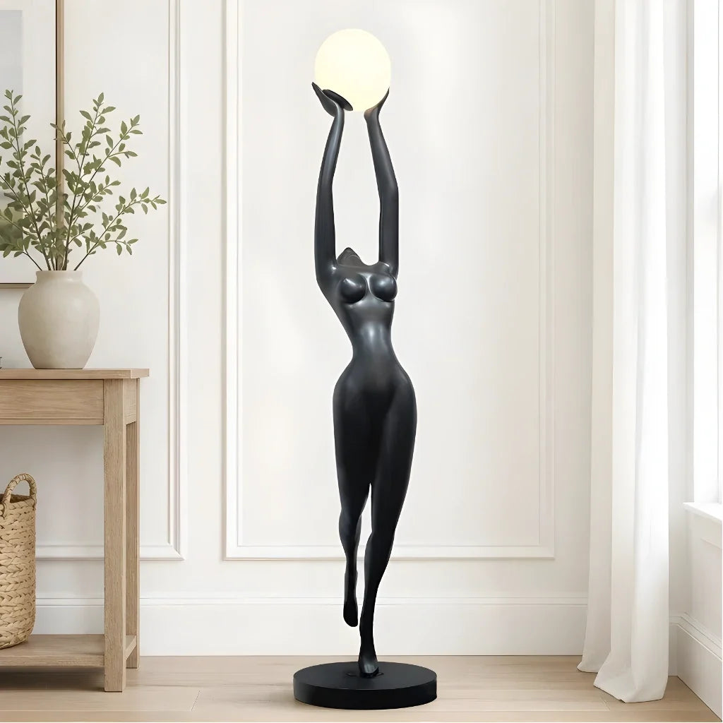 hermes-modern-minimalist-resin-lady-sculpture-sphere-glass-shade-floor-light