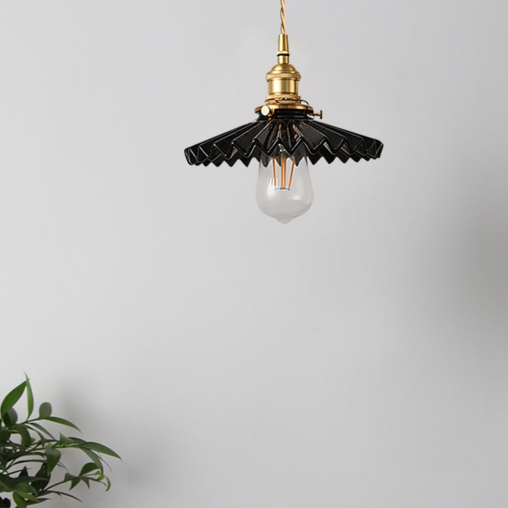 Nordic Vintage Ceramic Pleated Design Brass LED Pendent Lighting for Bedside Dining-table