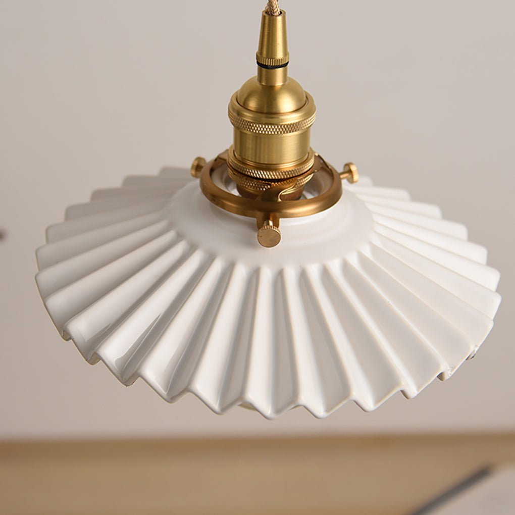 Nordic Vintage Ceramic Pleated Design Brass LED Pendent Lighting for Bedside Dining-table