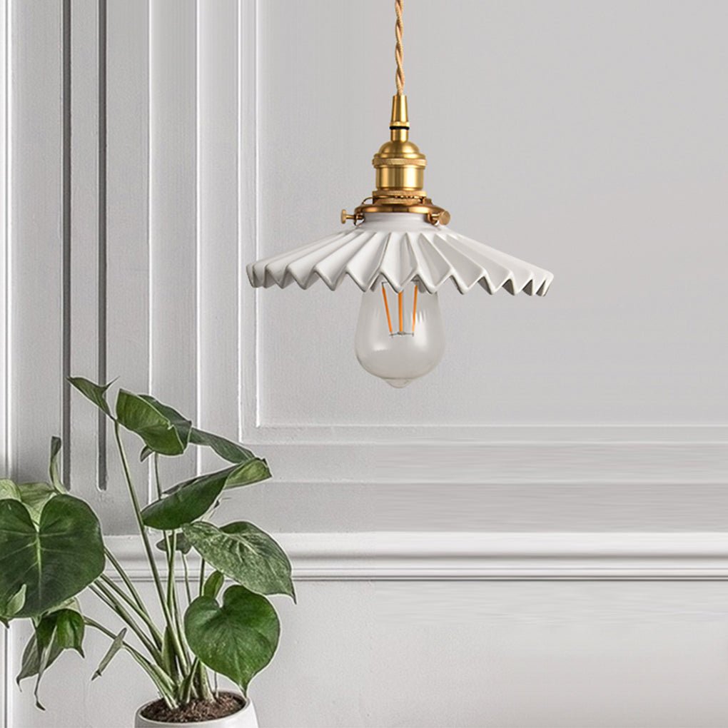 Nordic Vintage Ceramic Pleated Design Brass LED Pendent Lighting for Bedside Dining-table