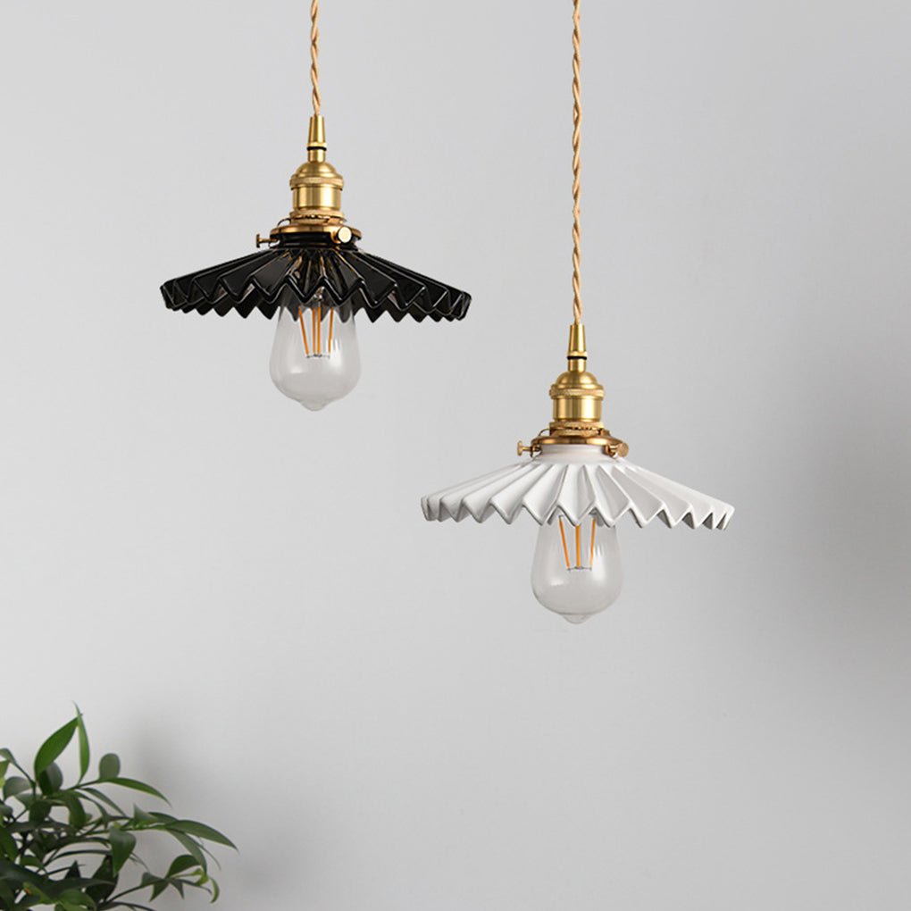 Nordic Vintage Ceramic Pleated Design Brass LED Pendent Lighting for Bedside Dining-table