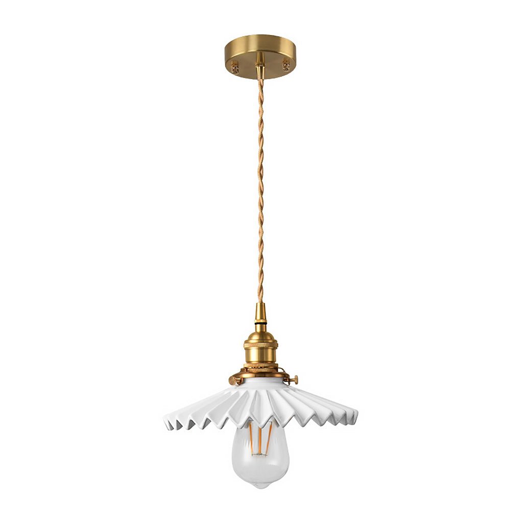 Nordic Vintage Ceramic Pleated Design Brass LED Pendent Lighting for Bedside Dining-table