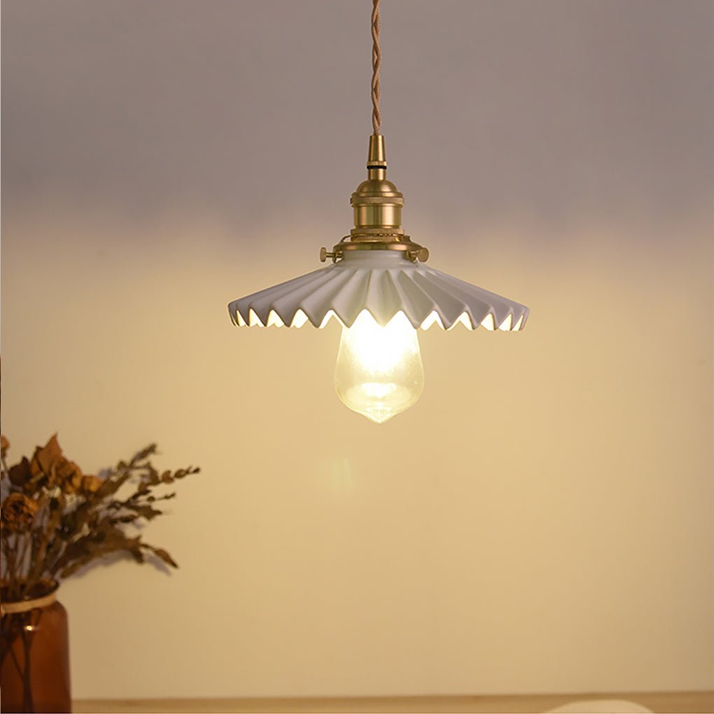 Nordic Vintage Ceramic Pleated Design Brass LED Pendent Lighting for Bedside Dining-table