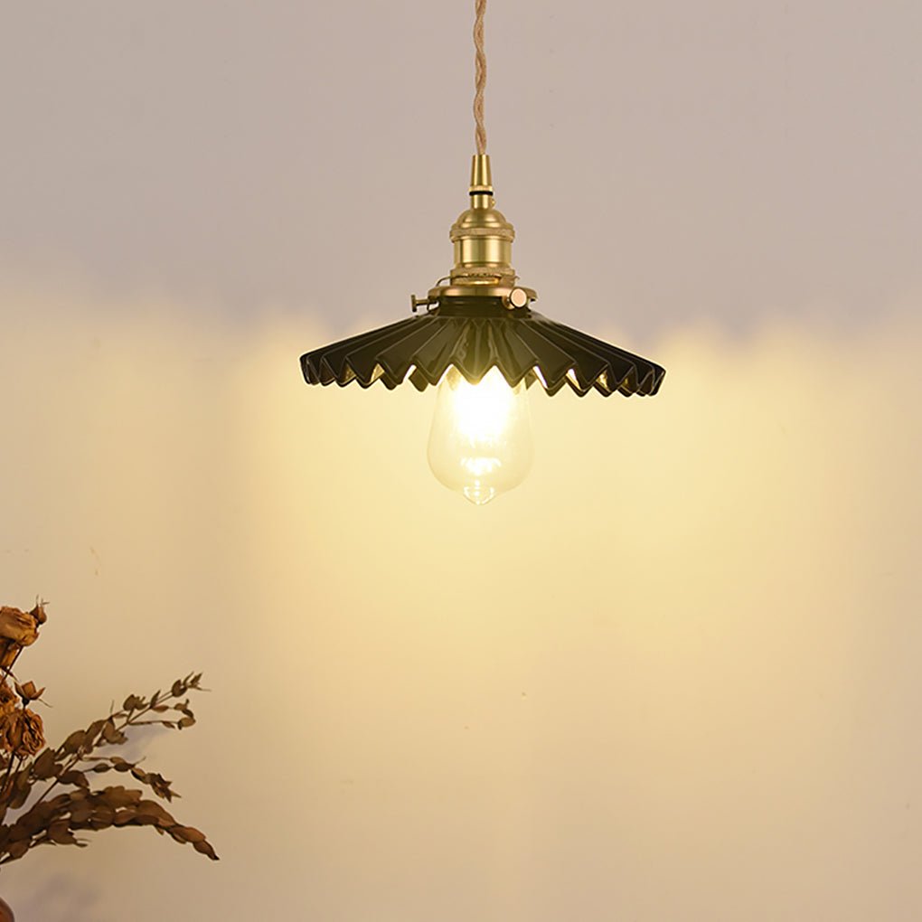 Nordic Vintage Ceramic Pleated Design Brass LED Pendent Lighting for Bedside Dining-table